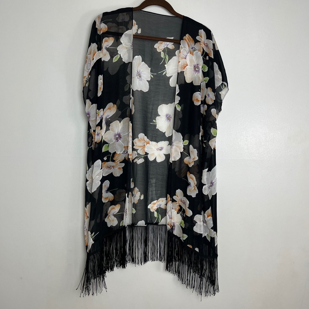 VTG Dark Romantic Floral Chiffon Fringe Kimono Black Sheer Boho Cover Up‎ OSFM